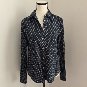 Lauren Ralph Lauren Navy and White Polka Dot Cotton Button Down Blouse
